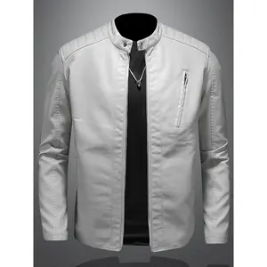 Men's motorcycle leather jacket stand collar solid color jacket, high-end windproof street wear, artificial leather outdoor wear