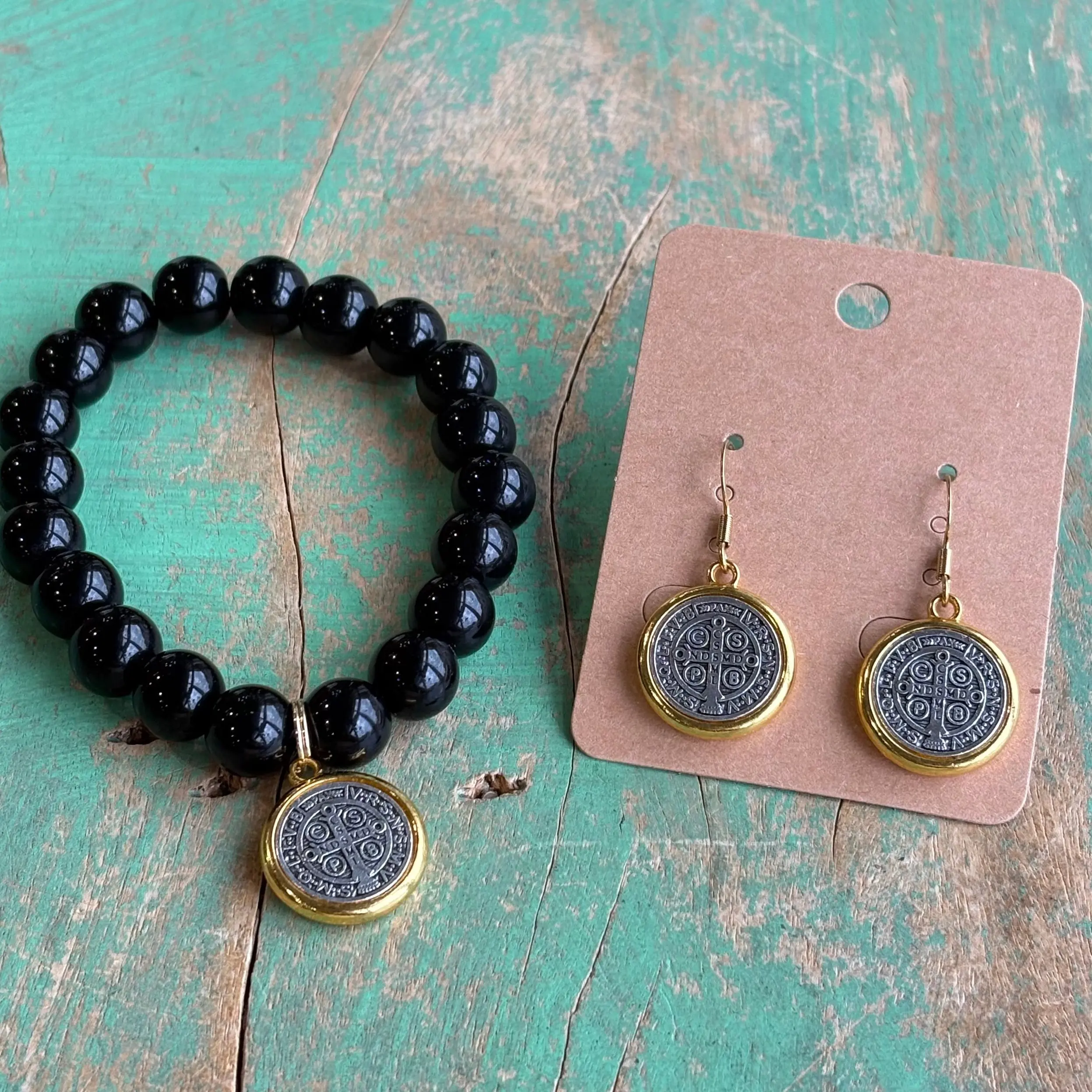 Black Glass Beaded Saint Bracelet or Earrings