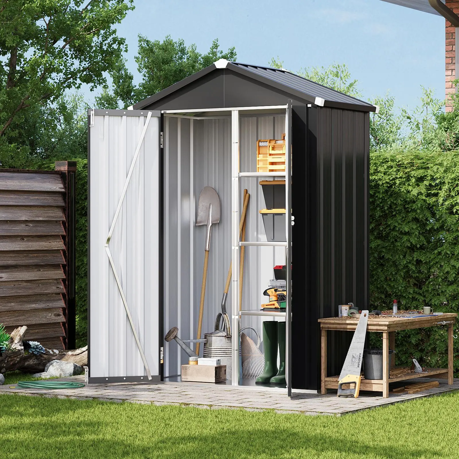 Aoxun Vertical Metal Tool Cabinet Outdoor Storage Box - 2.5x2FT, 21 Cu.Ft Weatherproof Outdoor Storage with Floor, Adjustable Shelves, Space-Saving Design for Garden, Garage fence install wpcfence installation water resistant