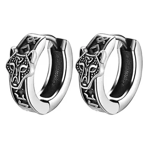 OIDEA Viking Hoop Earrings for Men: Silver Vintage Viking Runes Wolf Huggie Hoop Earrings Stainless Steel Protection Amulet Jewelry Gifts for Men Women