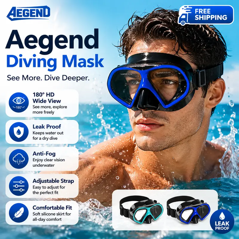 Aegend Unisex Diving Mask - Professional Diving Gear with Anti-Fog Tempered Glass, Ergonomic Leak-Proof Silicone Goggles, 1-Click Strap Fit, Wide Panoramic View, Universal Fit for Adults, Snorkeling, 12-Month Warranty