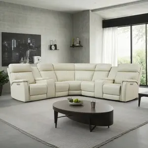 【10 Packages Shipping】5-Seater Genuine Leather Triple Power Reclining Sectional Sofa with Dual Center Consoles