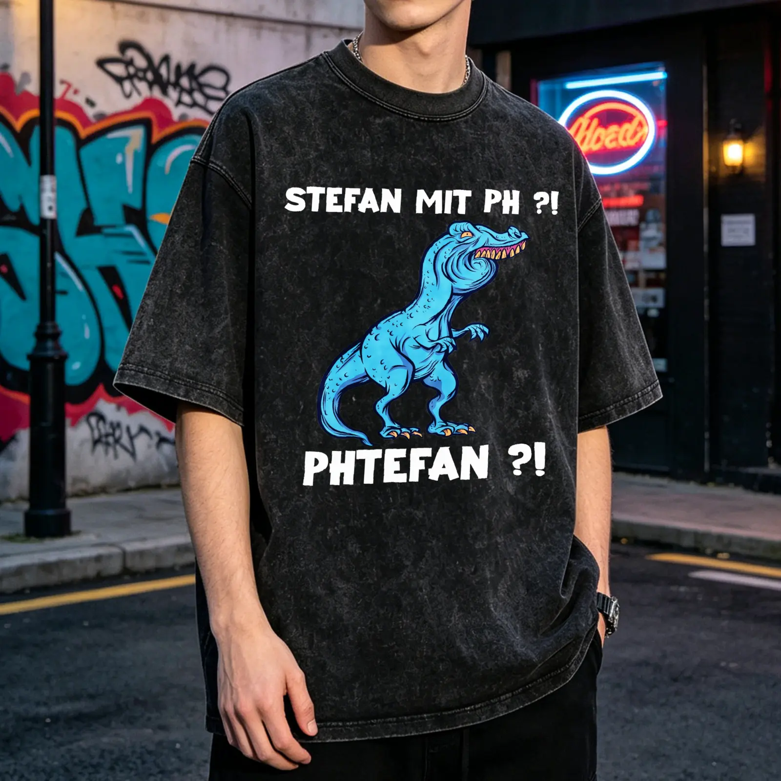 Stefan Mit Ph Men's Vintage Washed T-Shirt Stefan Mit Ph Blue Dinosaur Oversized Graphic Tee Outdoor Casual Short Sleeve