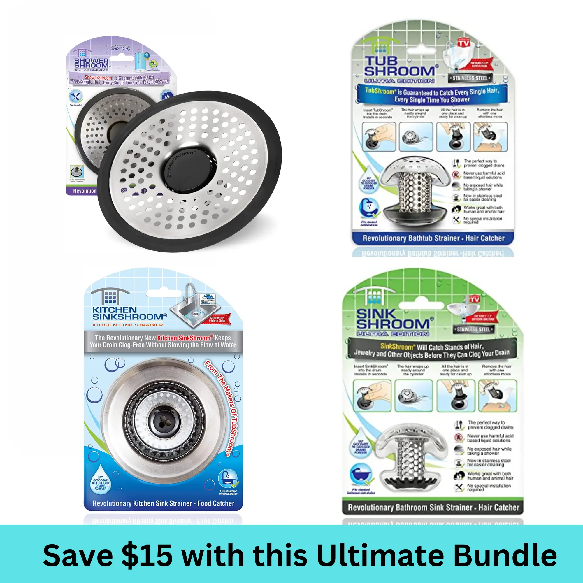 The Shroom Ultimate Drain Protection Bundle - Complete Protection for all Home Drains - TubShroom, SinkShroom, ShowerShroom, Kitchen SinkShroom