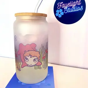 Ponyo 16oz frosted glass tumbler with bamboo lid and glass straw