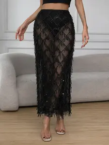 Women's Glitter Fishnet Midi Skirt with Sequins Sheer Overlay | Sparkling Party & Club Dress | All-Seasons Fashion Skirt Black Womenswear Bottom Fitted