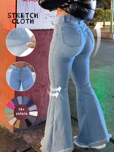 Women's Bell Bottom Flare Jeans Mid Rise Light Wash Denim Pants Destroyed Raw Hem Denim Pants