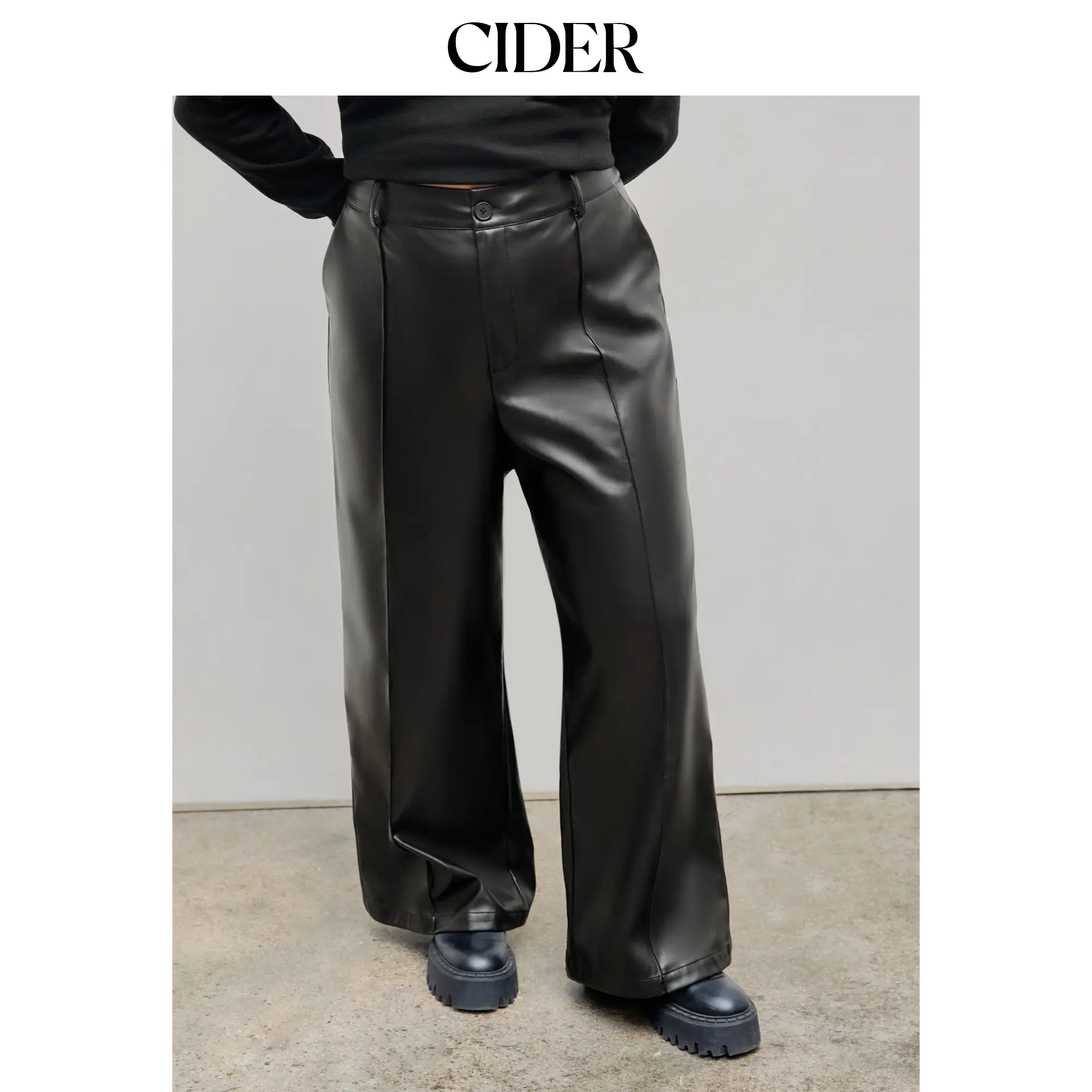 Cider [4 colors, size 2-26] Faux Leather Solid High Waist  Wide Leg Trousers Curve & Plus