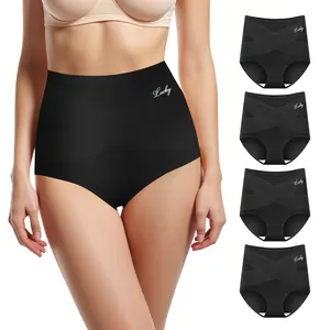 QUASTI 4-Piece Black High-Waisted Cotton Tummy Control Women's Panties, Cross-Over Design for Hip Support, Soft and Breathable, High Elasticity and Skin-Friendly Womenswear, Sizes S-L