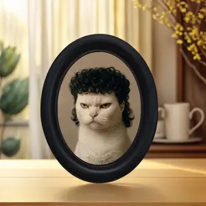 Vintage Funny Curly Hair Cat Photo Oval Frame Decor, Fun Anthropomorphic Cat Portrait Art, Healing Desktop Ornament, Unique Wall Decoration