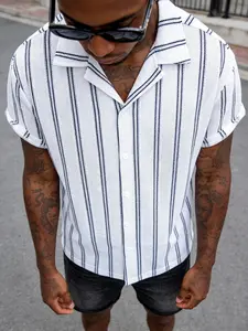 Men's Stretch Knit Jacquard Striped Short Sleeve Shirt, Top, Casual Button Down with Classic Collar, Perfect for Summer and Daily Wear