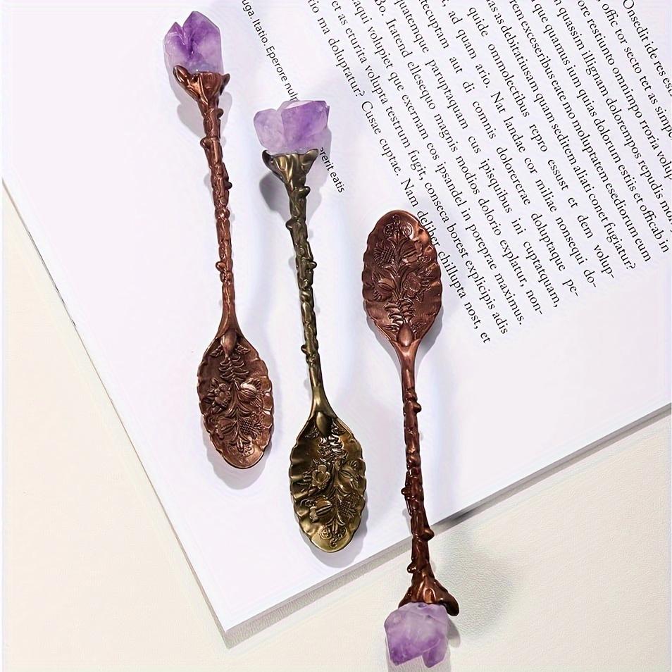 1/2/4/7pcs Natural Amethyst Flower Coffee Spoons Decorative Tea Spoons, Purple Crystal Spoons,Vintage Carved Spoons Dessert Spoon Ice Cream Spoons Hand Polished Raw Stone Crystal,Lucky home