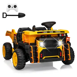 24V Kids Ride On Dump Truck with R/C,2 Seater Electric Car - 2WD/4WD Powerful Motors,4.4 Mph,Electric Dump Bed & Shovel,EVA Tires,Music Player,Soft Start,19" Spacious Seat (Yellow)