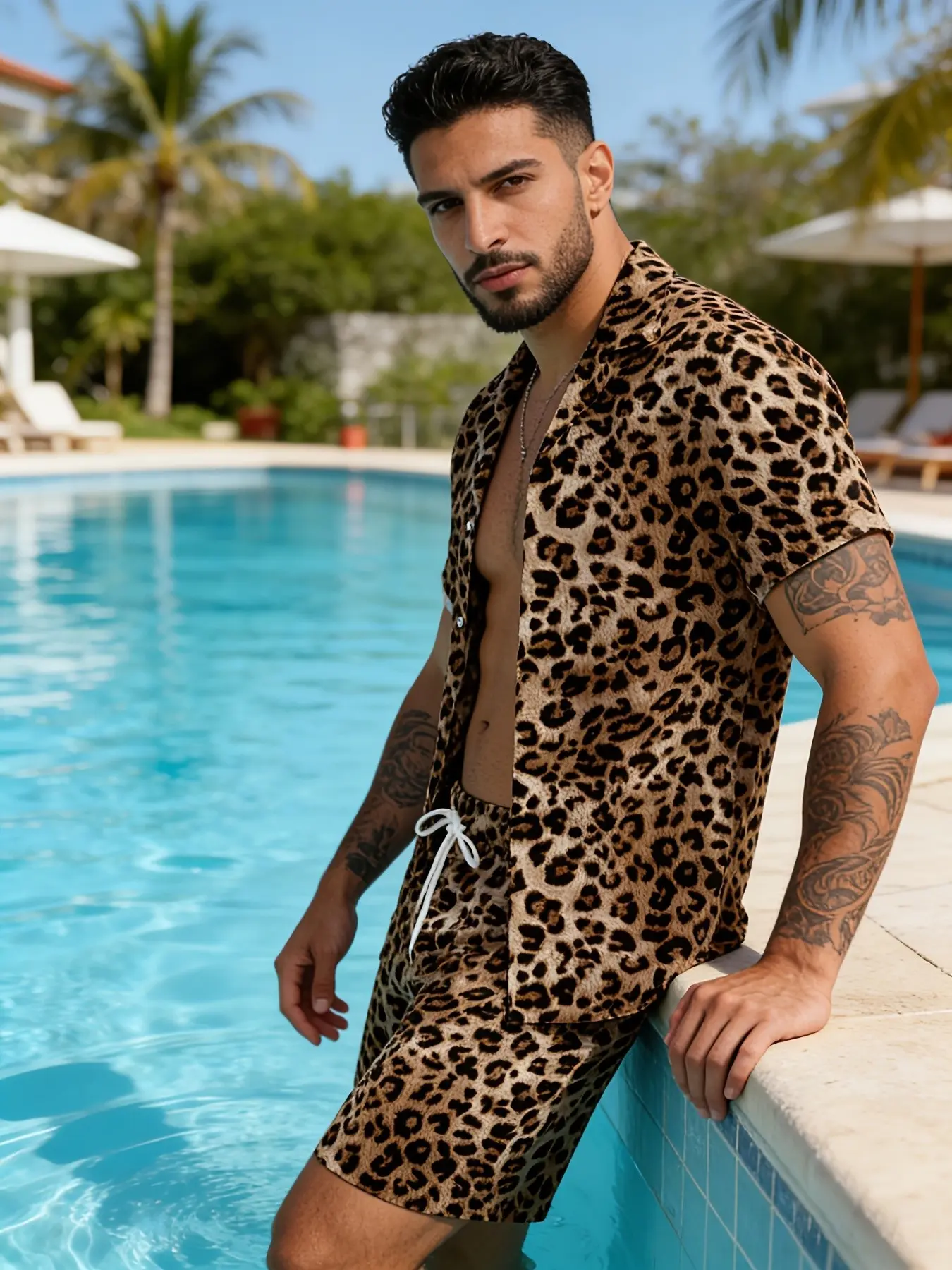 Men's Leopard Print Shirt Set, Lightweight Polyester Short Sleeve Blouse & Drawstring Shorts, Casual Beach Vacation, Multiple Sizes, Menswear Tropical, Lounge Sets, Shorts Set Outfit