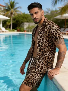 Men's Leopard Print Shirt Set, Lightweight Polyester Short Sleeve Blouse & Drawstring Shorts, Casual Beach Vacation, Multiple Sizes, Menswear Tropical, Lounge Sets