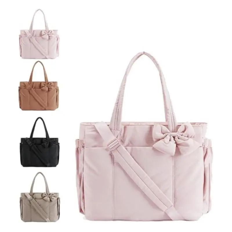 Women's Bow Tote Bag Lightweight Multi-Compartment 23-Liter Capacity 15.6" Laptop Compatible Pink Back-to-School Travel Work Beach Gym Tote Bag with Detachable Bow