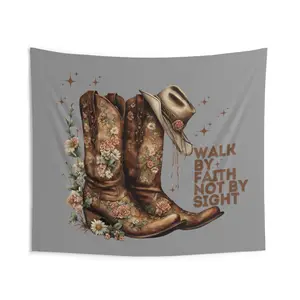 Christian Boho Western Boots Tapestry, Corinthians Walk By Faith Bible Verse Wall Art, Bedroom Living Room Dorm, Faithful Christian Gift Decor 36" × 26"