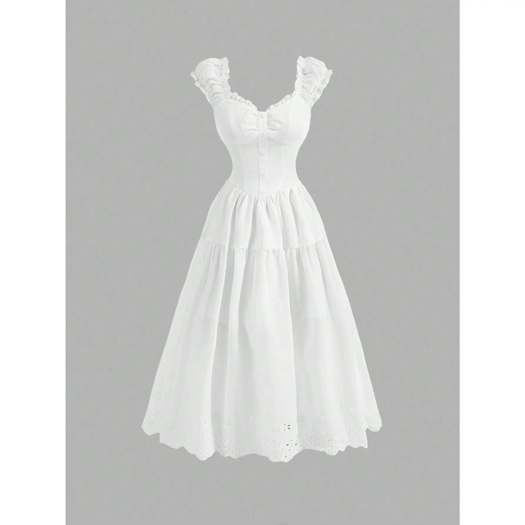 SHEIN MOD White Frill Trim Ruched Shoulder Dress,White Graduation Dress SHEIN