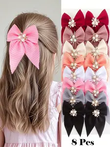 8pcs/Set Girls Solid Color Textured Bow Pearls Crystal Hair Clips, Elegant Princess Hair Accessories For Daily Use