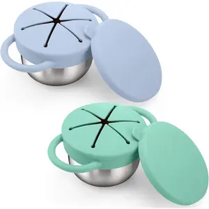 2 Pack Stainless Steel Toddler Snack Cups - 9 OZ Spill-Proof Baby Snack Containers with Silicone Catcher and Lid Travel Snack Containers for Kids Food Grade Silicone Dishwasher Safe