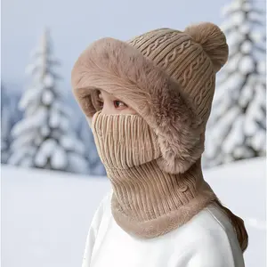 Women’s Winter Knit Hat Scarf Set with Pom Pom, Beanie + Infinity Scarf + Face Cover, Warm & Windproof Cold Weather Set