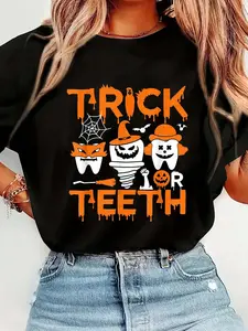 100% pure cotton Trick Or Teeth Funny Dental Halloween Treat Dentist T-Shirt printed t-shirts for women