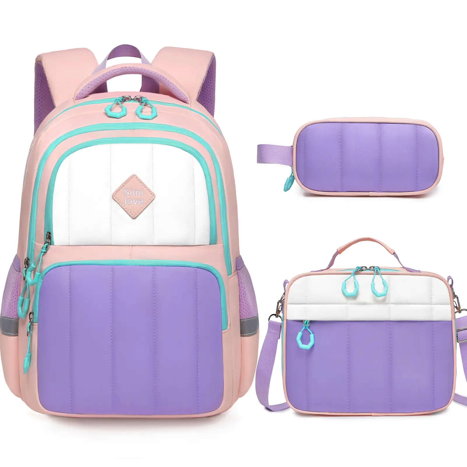 SIMILOVE Cute Quilted Polyester Toddler Girls' School Backpack Set (Set of 3) - 15in Multi-Pockets Bookbag, Insulated Lunch Box, Pencil Pouch, Crossbody Bag, All Seasons Party Gift for 5-8 Year Olds