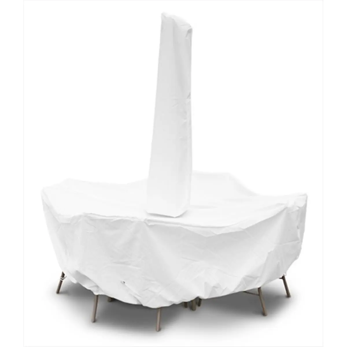 KoverRoos WeatherMax Series Outdoor Round Dining Table Cover, Lightweight Advanced Material, Water-Repellent, 48in Round with Umbrella Hole (82Dia x28H in), White, Cloth Tie, 5-Year Color Retention, U-Shaped Hook/Bungee Secure Attachment System