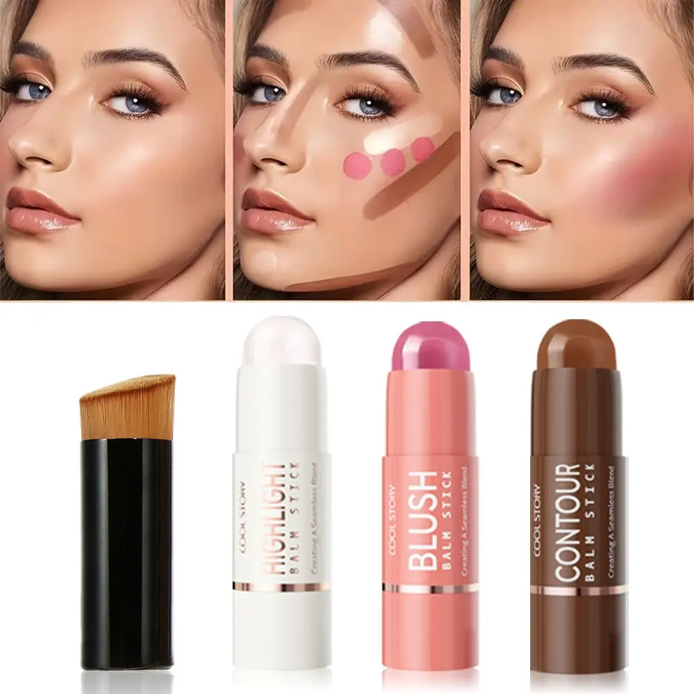 Three-Piece Concealer Stick Set with Makeup Brush, Easy Face Contouring, Lightweight Finish, Highlighter, Contour, Blush, Waterproof, Holiday Gift, Makeup Kit, Beauty Set, Cosmetic Gift Set