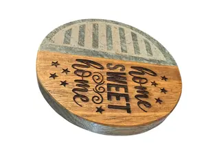 Home Sweet Home Round Coaster, Marble and Wood, Rustic Farmhouse Style, Decorative Star Engraved Design