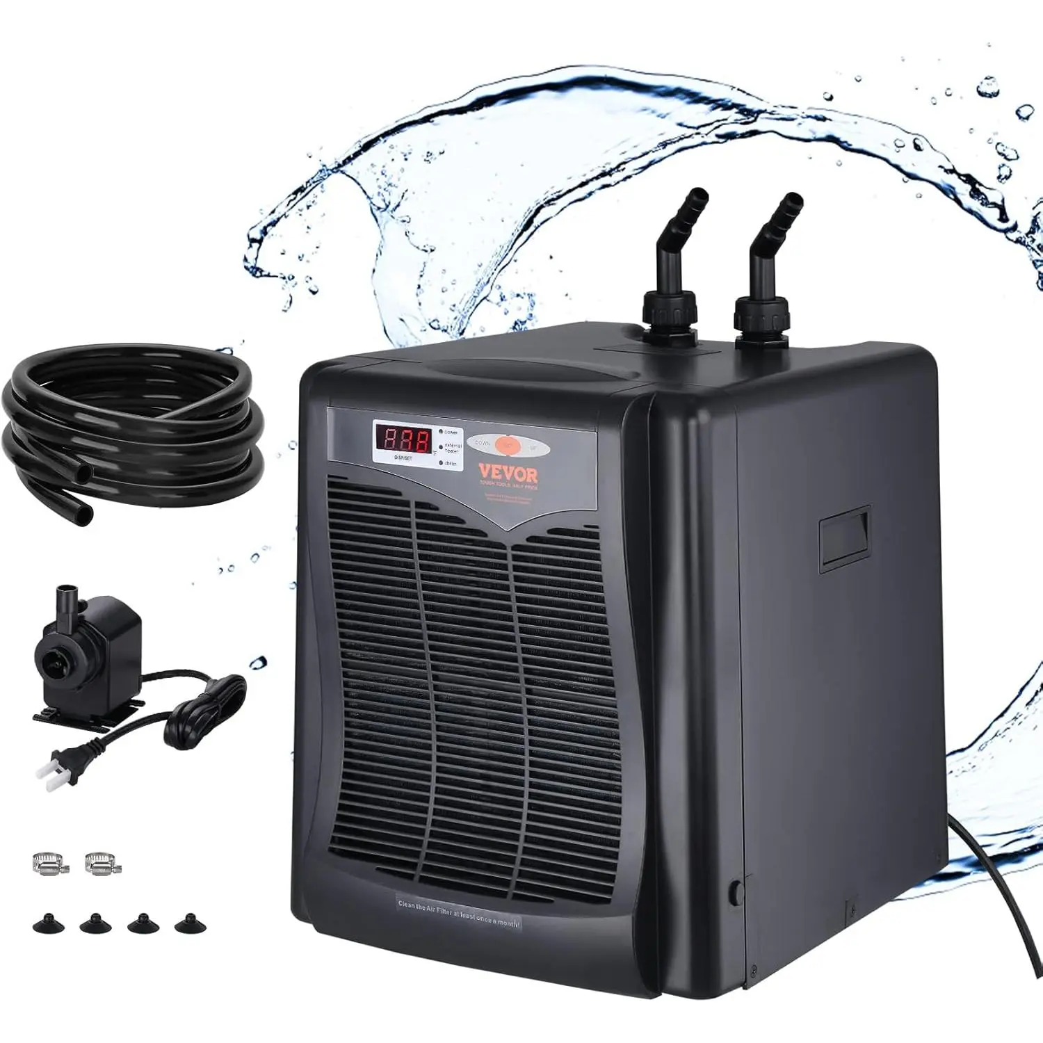 VEVOR Aquarium Chiller, 1/3 HP Quiet Refrigeration Compressor, 110 Gal (416 L) Fish Tank Cooling System with Pump & Hose, Stable Temp for Seawater/Freshwater Coral Reef