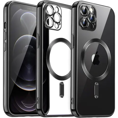 Clear Case for iPhone 18 Pro Max 18 Pro 17 Pro Max 16 15 14 13 12 Pro Max Built-in Camera Lens Protector MagSafe Metallic Soft TPU Shockproof Cover,Magnetic Electroplated Clear Case for iPhone 18 Pro Max 18 Pro