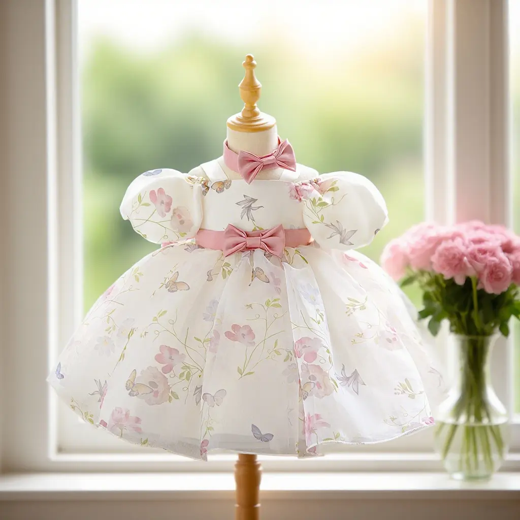 3082 Girl Sweet Dress Puff Sleeve Princess Dress Elegant Dress Pastoral Style Pink Bow Dress