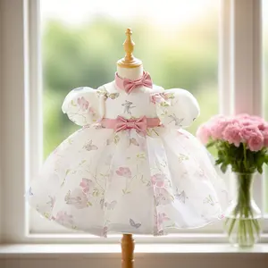3082 Baby Girl Sweet Dress Puff Sleeve Princess Dress Elegant Dress Pastoral Style Pink Bow Dress