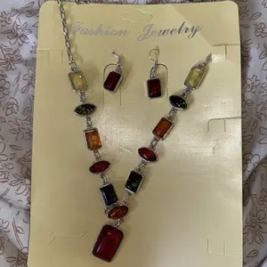 Boho Style Geometric Artificial Gemstone Decor Pendant Necklace & Dangle Earrings (3pcs), Fashion Jewelry for Party, Daily Clothing Decor, Trendy All-match & Exquisite Jewelry for Birthday Gift