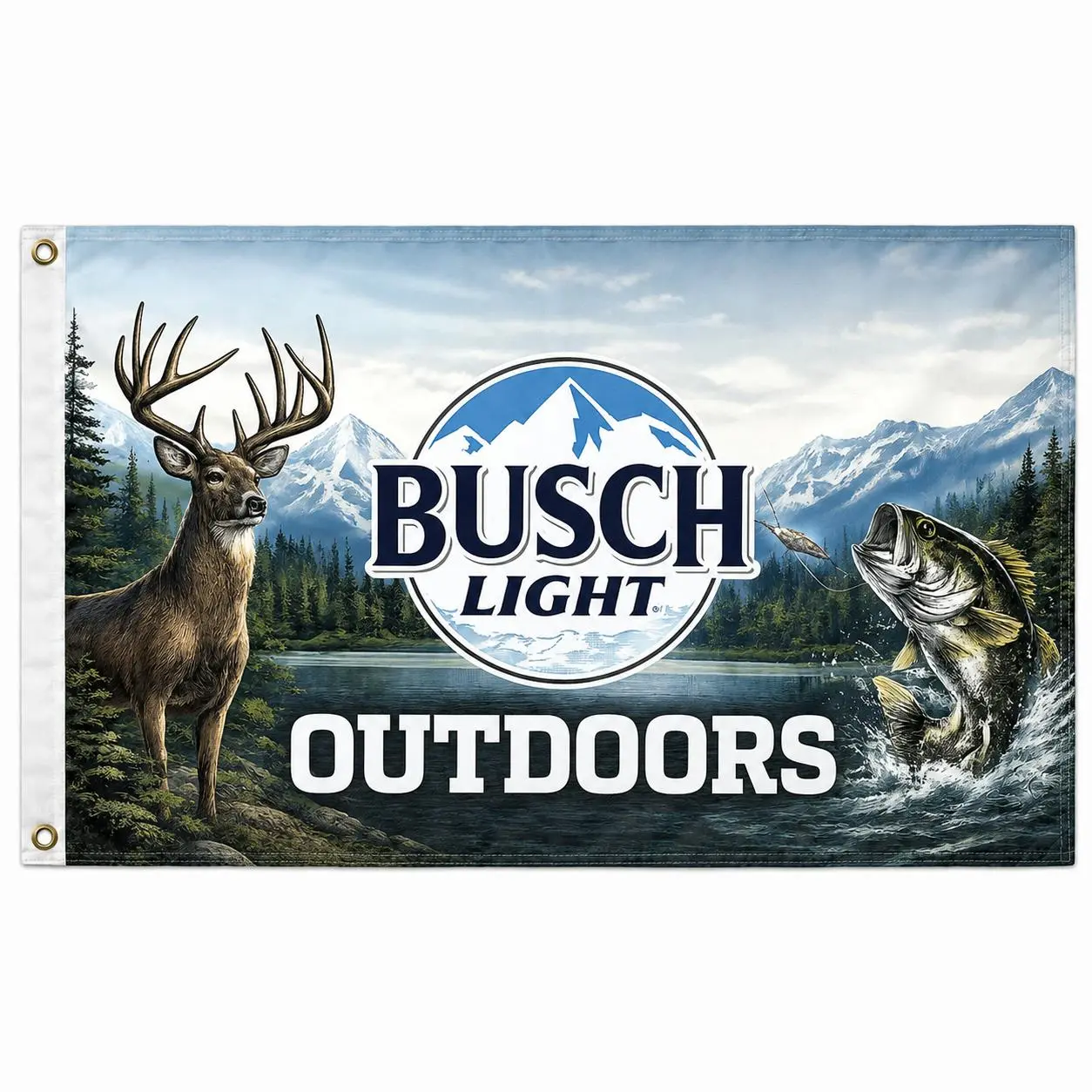 Busch Outdoors Flag 3x5 Ft, Deer Hunting and Bass Fishing Mountain Lake Beer Banner, Rustic Wall Decor for Cabin, Garage, Man Cave, Home Bar or Camp, Gift for Hunters, Anglers