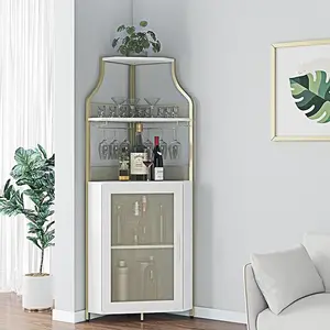 Corner Wine Bar Rack Cabinet with Detachable Wine Rack, Bar Cabinet with Glass Holder, Small Sideboard and Buffet Cabinet with Mesh Door