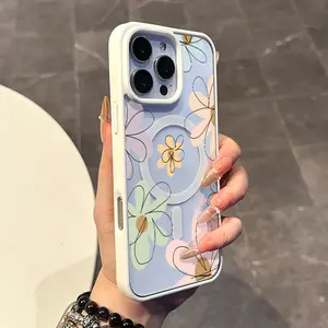 Magnetic Compatible Case for iPhone 17 16 E Pro Max 15 Plus 14 13 12 11 XS XR, Pastel Pastel Floral Sketch Print | Silicone, Lightweight, Aesthetic, Scratch Resistant, and Cute Protection