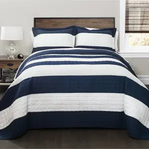 Lush Decor Stripe 3 Piece Quilt Set with Striped Fabric, Includes Multiple Pillows and a Quilted Cover