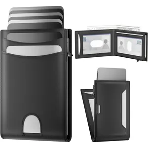 Wallet for Men: Pop Up Card Case, RFID Blocking, Slim, Minimalist, , Front Pocket, , Thin, Compact,  Flap Closure - 2 ID Windows, Up to 12 Cards & 15 Bills (Black)