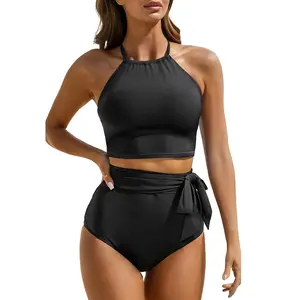 Tempt Me Women High Waisted Bikini Sets Two Piece Swimsuit High Neck Tummy Control Bathing suits with Tie Side Knot Bottom