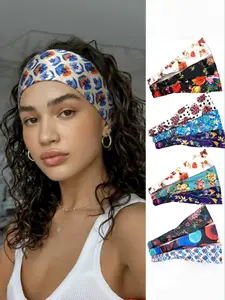 New Spring Summer Floral Hairband, Fashion Satin Elastic Printed Headscarf, Bohemian Style Hair Tie, All over Print, Color Dye