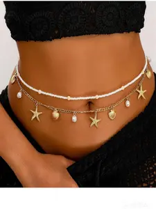Gold Starfish Waist Chain for Women 8Pcs 18K Gold Plated Layered Belly Chain Seashell Pearl Satellite Beads Snake Body Chain Boho Sexy Bikini Summer Beach Jewelry Accessories Adjustable