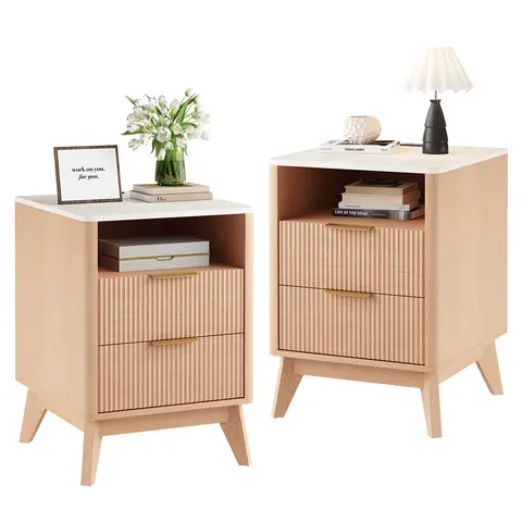 Sweetcrispy Modern Rustic Nightstand with Drawers - 23in, 18in Bedfit Size, Assembled LED Lights, White Oak Tabletop, Particleboard Build, Storage Compartment, Quick Set-Up, Smart Compact Small Space Bedroom Furniture, Indoor Apartment Decor, Modern Night
