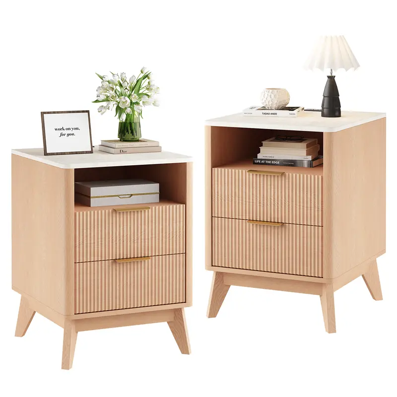 Sweetcrispy Modern Rustic Nightstand with Drawers - 23in, 18in Bedfit Size, Assembled LED Lights, White Oak Tabletop, Particleboard Build, Storage Compartment, Quick Set-Up, Smart Compact Small Space Bedroom Furniture, Indoor Apartment Decor, Modern Night