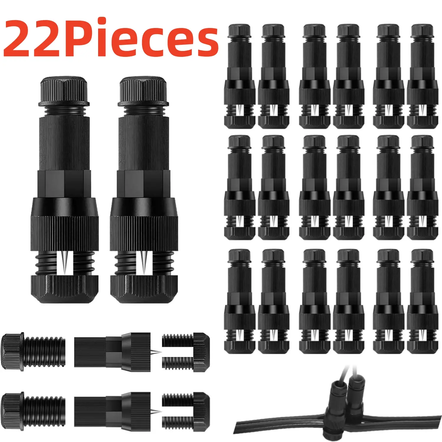22 Pieces Low Voltage Tap Wire Connectors, Waterproof Wire Connectors for Low Voltage Landscape Lights, Spotlights, Pathway Lights, Electrical Fastener, AWG 14/16/18/20Gauge Wire, Black