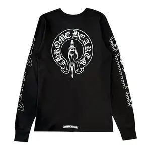 Men's Casual Thermal Tee, Chrome Hearts x Deadly Doll Horseshoe Dagger Motif Logo Print Long Sleeve Shirt, Black White