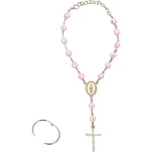 Car Rosary for Rearview Mirror, Evil Eye Pendant Car Interior Rear View Mirror Charm Auto Decors, Car Medal and Cross Personalized Hanging Accessories for Women Men (Pink)