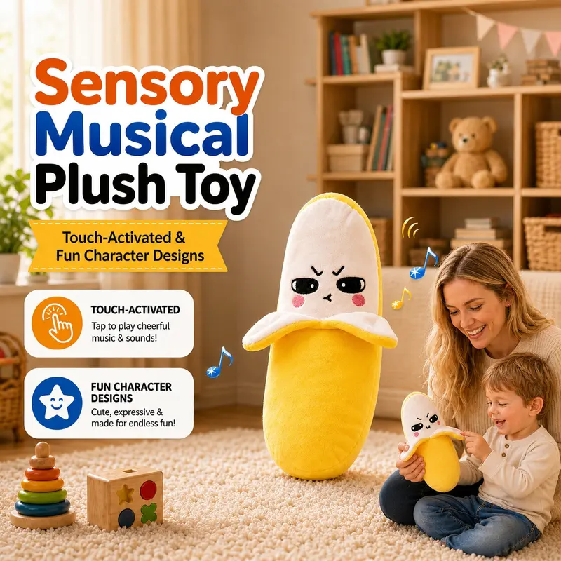 Vvinca Plush Fabric Musical Sensory Kids Toy - Montessori Educational Language Tool with Dual Interactive Sensor Rhythm, Durable Colorful Outdoor Item, Birthday/Christmas Gifts for 3+ Kids,Surprising Friends (Banana, Strawberry, Carrot Designs),outdoorfun