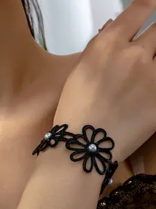 Boho Chic Hollow Out Pearl Flower Natural Turquoise Open Bangle Bracelet, Pearl Embellished, Elegant Design, Unique Style, Women's Fashion Accessory